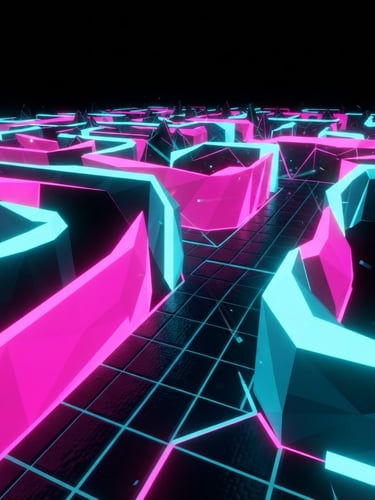 Direct screen capture of a low-poly 3D maze with high-contrast neon pink and cyan walls on a pitch black background, crisp digital lighting.