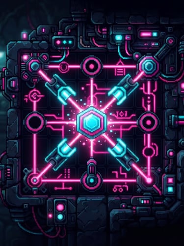 digital screenshot, tight crop on a glowing neon puzzle mechanic, pixel art, high contrast pink and cyan accents, dark background, crisp
