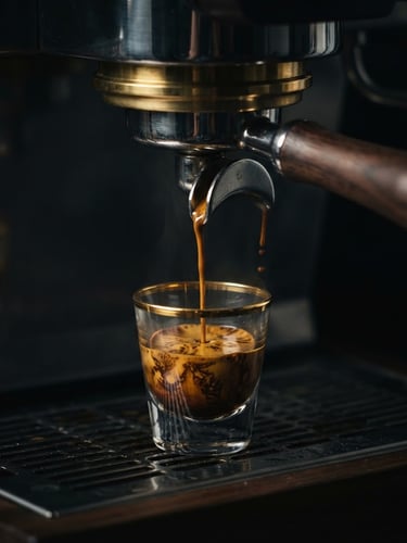 Macro shot of dark, rich espresso pouring from a high-end machine into a gold-rimmed glass, dramatic chiaroscuro lighting, deep shadows, tiger-striping crema visible, close-up, centered subject.