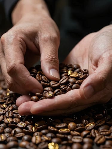 Close-up of a Q-grader's hands performing sensory analysis on coffee beans, focused on the beans and hands, laboratory setting, dramatic spotlighting, deep shadows.