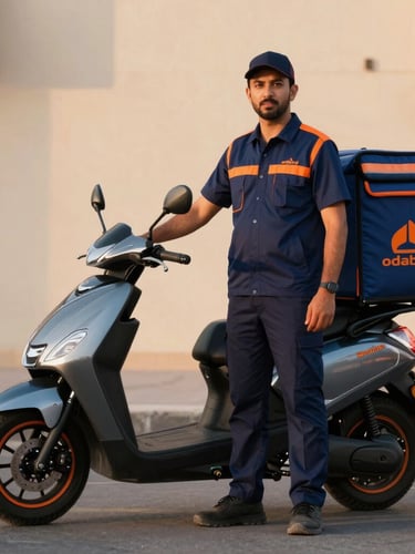 A professional Saudi delivery rider in a clean navy uniform with orange accents standing beside a modern delivery vehicle in Riyadh during golden hour, sharp corporate lighting, 35mm lens.