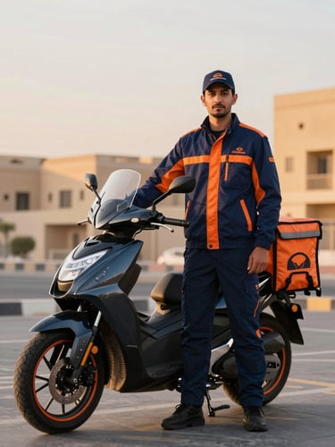 A professional Saudi delivery rider in a clean navy and orange uniform, standing proudly next to a modern delivery motorcycle in Riyadh during golden hour, sharp editorial lighting