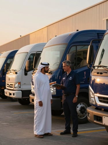 A professional Saudi logistics manager inspecting a fleet of modern delivery vehicles parked outside a state-of-the-art warehouse in Riyadh, golden hour lighting.