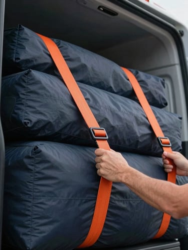 Close-up of professional driver hands securing heavy cargo with bright orange tension straps inside a clean delivery vehicle, crisp daylight, premium commercial photography.