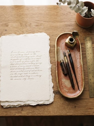 Overhead flat lay of handmade heavy-weight writing paper, a ceramic pen tray, and a brass ruler on a warm wooden desk, bathed in soft morning window light, earthy terracotta tones, shallow depth of field, 35mm