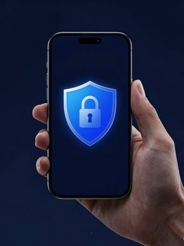 Sleek tech product photography of a hand holding a smartphone with an active security shield icon on screen, cool low-key studio lighting, deep navy tones
