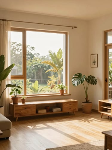Warm editorial photography of a cozy, sunlit living room corner in BSD Tangerang, golden hour light streaming through a large window, indoor plants, natural wooden furniture