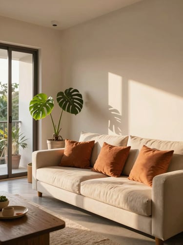 Bright golden-hour sunlight streaming into a warm modern Indonesian living room, terracotta cushions on a cream sofa, potted monstera plant, architectural eye-level wide-angle lens