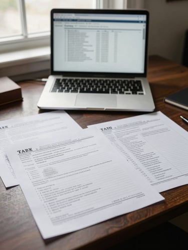 Point-of-view shot from investor's seat at a desk, tax deed paperwork and county printouts spread across the surface, a laptop open to property records in the background, north-facing window light casting soft shadows, no people visible, documentary style