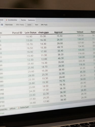 Close-up point-of-view of a laptop screen showing a spreadsheet-style due diligence report with columns for parcel ID, lien status, chain gaps, and appraisal value, north-facing office light, muted tones, tight crop showing only the data rows and column headers, no person visible, no branding