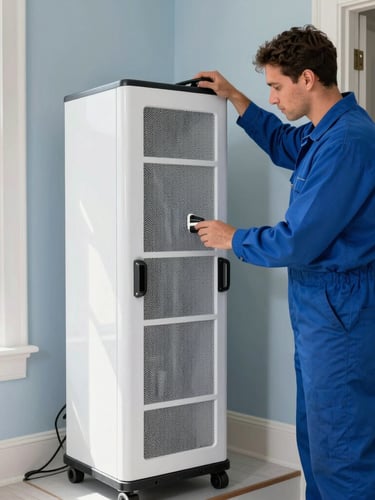 Medium shot of a professional technician in a blue uniform operating a high-capacity structural dehumidifier inside a historic San Francisco home, bright natural daylight, 35mm