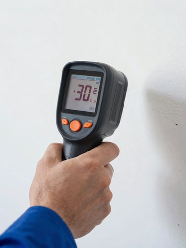 Close-up of a technician's hand holding a high-tech thermal imaging camera showing active moisture levels in a wall, sharp focus, 35mm
