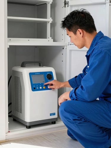 Crisp editorial photograph of a professional water restoration technician in a blue uniform monitoring advanced structural drying equipment inside a San Francisco home, bright natural daylight, sharp focus, 35mm