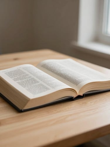 Close-up of an open Bible on a light wooden table, soft morning window light from the right side, warm editorial photography, minimalist composition