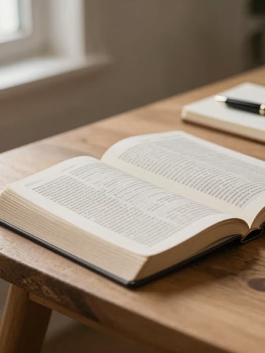 Close-up of an open Bible on a rustic light wood table, soft morning window light from the left, a minimalist notebook and elegant pen beside it, warm editorial photography style