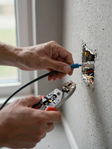 Close-up of technician hands routing ethernet cable through a wall conduit inside a home, natural window light from the left, concrete wall visible in background, cable ends and crimping tool on the floor