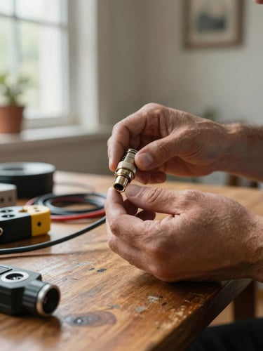 Close-up documentary shot of a technician's hands holding a corroded coaxial connector under natural window light inside a residential living room, tools and cable segments on a worn wooden table