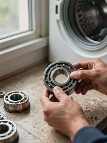 Extreme close-up of technician hands replacing a drum bearing on a washing machine, components spread on a worn tile floor, late-afternoon daylight through a nearby window, corroded metal part visible beside a new replacement