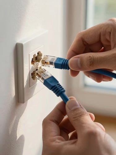 Extreme close-up of a technician's hands connecting a network cable into a wall socket, natural morning light through a nearby window casting a warm side-light on the worn connector and the cable jacket, residential interior visible softly out of focus in background