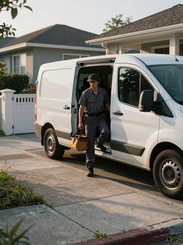 Wide documentary frame, early morning residential street, a technician stepping out of a white van parked at a house gate, tool bag in hand, natural daylight casting long shadows on the sidewalk, home facade visible in background