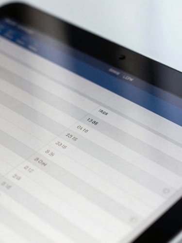 Macro shot of a high-end digital spreadsheet on a tablet screen, sharp focus on clean data cells, bright natural window light reflecting off glass, cool navy and white tones, 35mm.