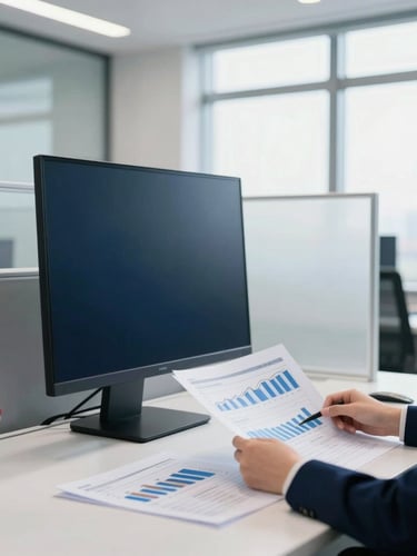 Modern corporate office environment, clean glass partitions, a professional analyzing financial reports on a desk, bright natural daylight, deep navy and cool white tones, sharp focus, 35mm.