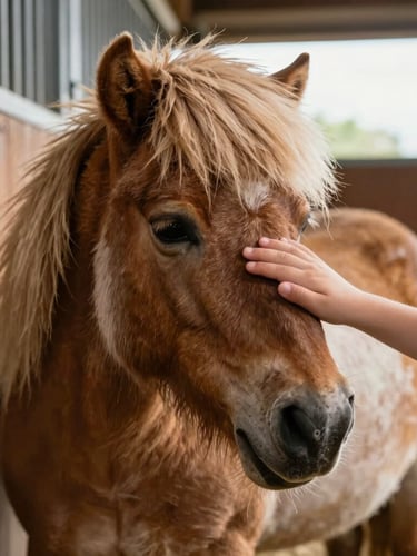 Intimate close-up of a child's hand gently brushing the soft coat of a calm Shetland pony, warm natural daylight filtering through wooden stable doors.