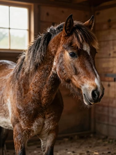 Un jeune cavalier brossant délicatement l'encolure d'un poney Shetland dans une écurie en bois chaleureuse, lumière naturelle douce de fin d'après-midi.