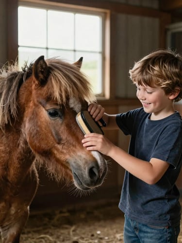 Eye-level medium shot of a young child smiling while gently brushing a Shetland pony's coat inside a rustic wooden stable, soft natural daylight filtering through a window.