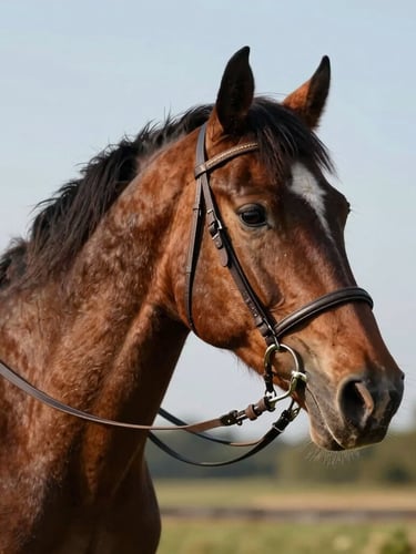 Cadrage serré et intime sur un cavalier ajustant doucement le licol en cuir d'un cheval calme, lumière naturelle de fin d'après-midi dans la campagne de Forville.