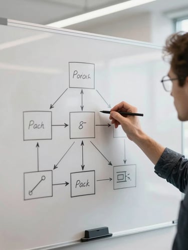 A software architect drawing a clean system diagram on a physical whiteboard in a sunlit Scandinavian office, shot from over the shoulder, shallow depth of field.