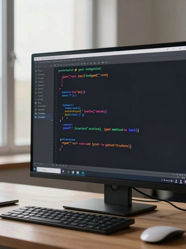 Close-up of clean, structured system architecture code on a high-resolution screen, soft natural morning light from a large window, minimalist wooden desk setup.