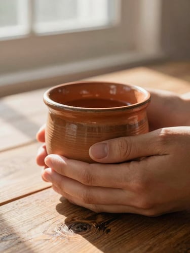 A thick-rimmed terracotta ceramic mug cradled in two hands, warm morning sunlight streaming across a rustic wooden table, cozy 35mm editorial photography