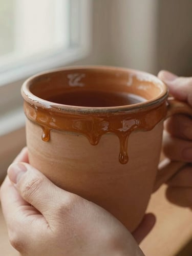 Tactile macro shot of hands holding a warm, thick-rimmed terracotta mug, glaze drips visible on the surface, soft morning light, cozy atmosphere