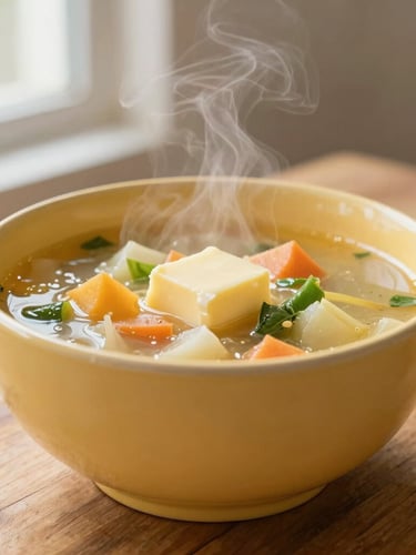 Tactile close-up of a warm buttery yellow ceramic bowl filled with steaming vegetable soup on a rustic wooden table, soft morning window light, 35mm