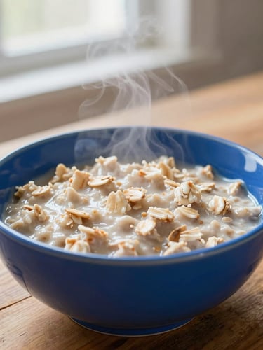 A close-up of a chunky cobalt blue ceramic bowl filled with steaming oatmeal, sitting on a rustic wooden table, warm morning light, 35mm editorial
