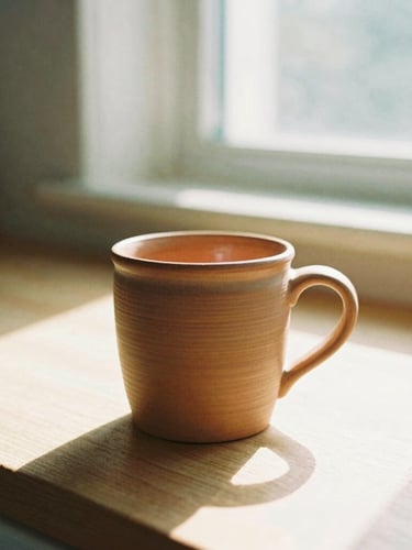 A hand-thrown terracotta mug sitting on a sunlit kitchen counter, warm morning light streaming through a window, casting soft shadows, 35mm photography