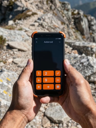 First-person POV of weathered hands holding a rugged Android phone on a rocky mountain trail, high-contrast screen showing large orange navigation buttons under harsh midday sun