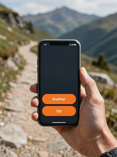 Over-the-shoulder POV of a weathered hand holding a rugged phone on a sunny mountain trail, displaying a simplified interface with huge orange buttons and crisp white text.