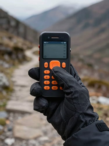First-person perspective of a hand wearing a thick black winter glove tapping a large, high-contrast orange button on a rugged phone screen, blurry mountain trail background.