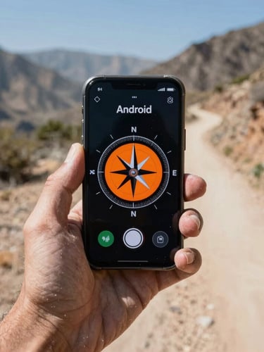 First-person POV tight shot of a weathered hand holding a rugged Android phone displaying a bold orange and white compass interface, dusty mountain trail background, harsh midday sunlight.