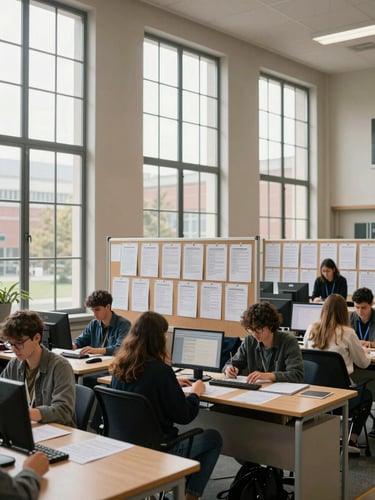 Wide shot of a campus placement office interior, students seated at desks reviewing printed drive schedules pinned to a bulletin board, daylight from tall institutional windows, staff member visible in background at a desktop terminal