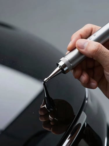 Macro photograph of a technician using a precision airbrush on a luxury car panel, cool directional lighting, sharp focus