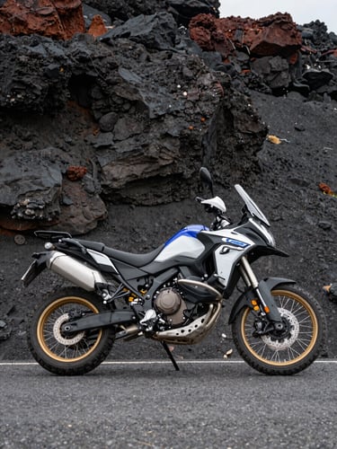 Low-angle side profile of an adventure motorcycle parked on a high-altitude Andean road, sharp volcanic rock face behind it, daylight raking across the tank and bodywork revealing every line and engineering detail
