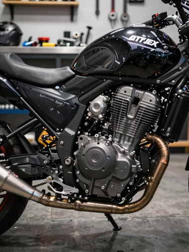 Interior of a precise motorcycle showroom, close-up of a bike's engine block and exhaust header under cool white showroom lighting, tools arranged on a steel workbench visible in background, industrial and technical atmosphere, no people
