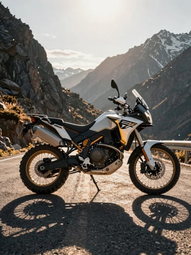 Low-angle side profile of a high-performance adventure motorcycle stationary on a paved Andean mountain road, dramatic rocky peaks receding to the right, golden morning light raking across the fuel tank and frame, sharp geometric shadow on asphalt, no rider, no people
