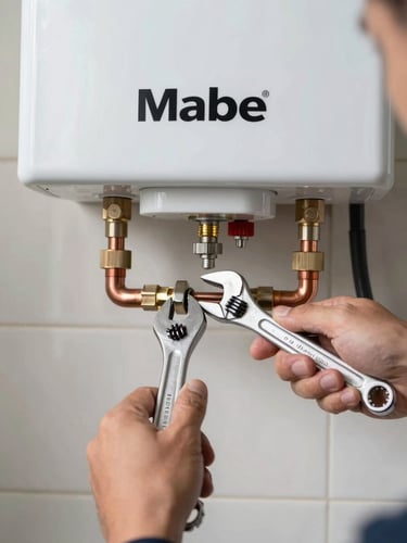 Close-up of a certified technician's hands using a professional wrench to secure a copper gas pipe connection on a modern Mabe water heater, bright natural utility lighting.
