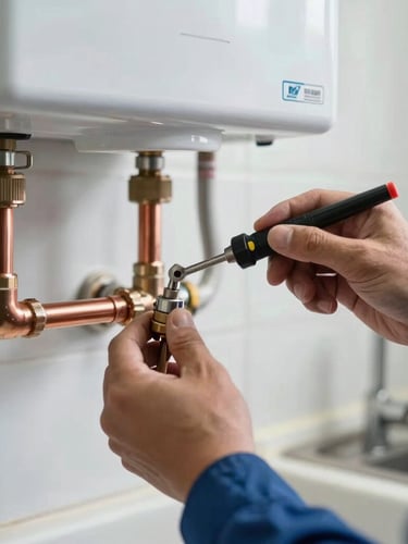 A close-up of a certified technician's hands using professional tools to calibrate the clean copper pipes of a gas water heater in a brightly lit kitchen utility area.