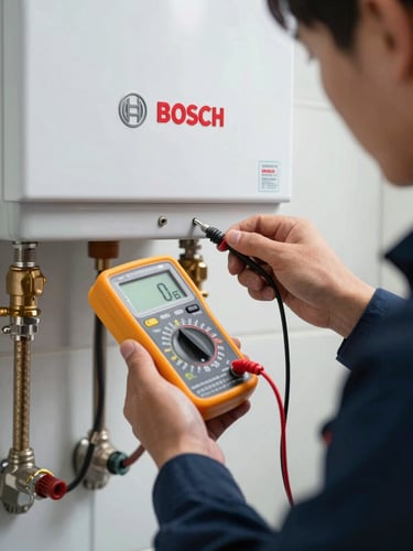 Close-up of a technician in a dark blue uniform using a precise digital multimeter to test the electronic ignition system of a Bosch gas water heater.