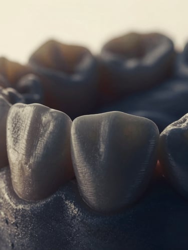 Macro photography of natural enamel textures under soft, diffused side-lighting, showing realistic tooth anatomy and micro-textures, deep navy shadow tones, warm gold highlights, shallow depth of field, 35mm